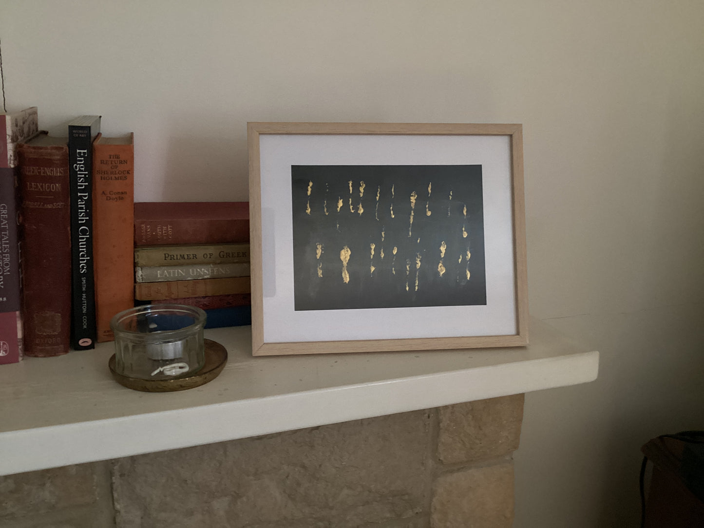 Chute by Fania Bajot – original acrylic painting on black carbon paper with metallic marks, A5, framed.