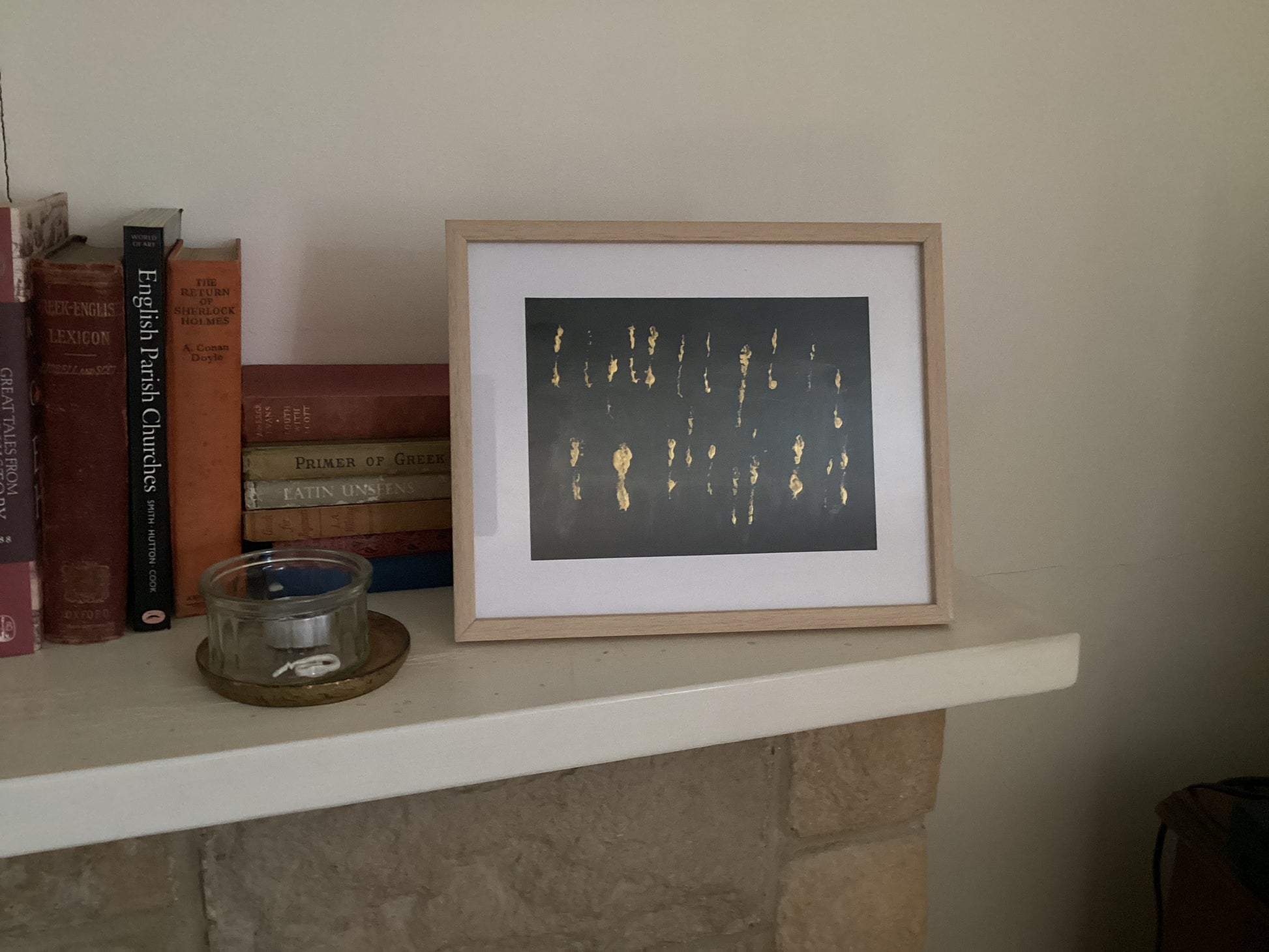 Chute by Fania Bajot – original acrylic painting on black carbon paper with metallic marks, A5, framed.