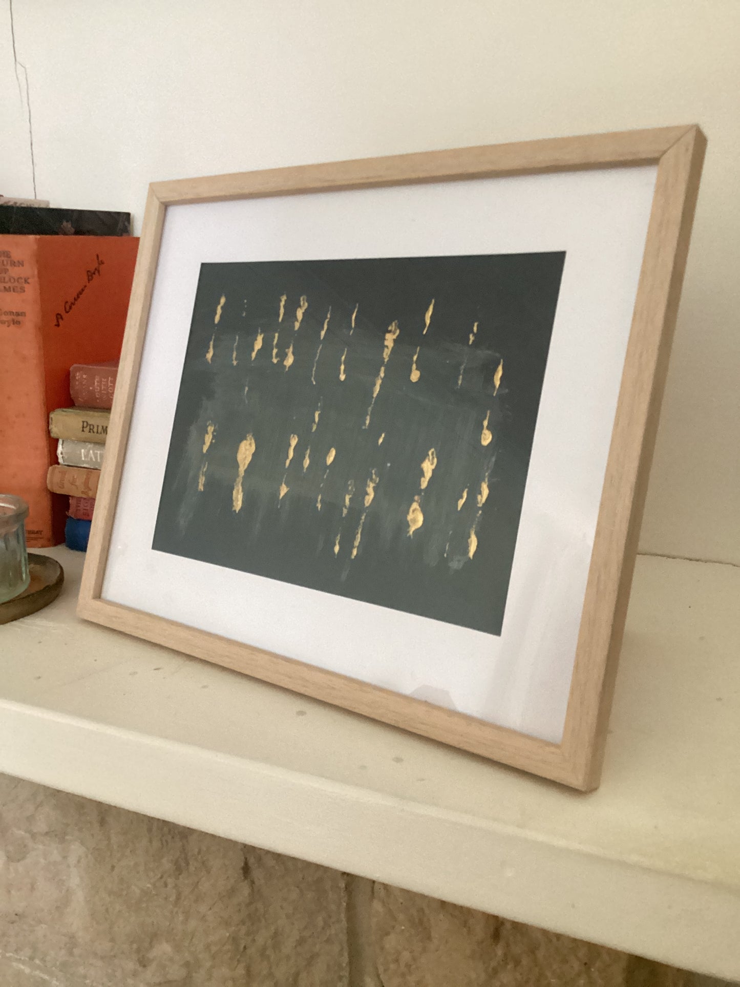 Chute by Fania Bajot – original acrylic painting on black carbon paper with metallic marks, A5, framed